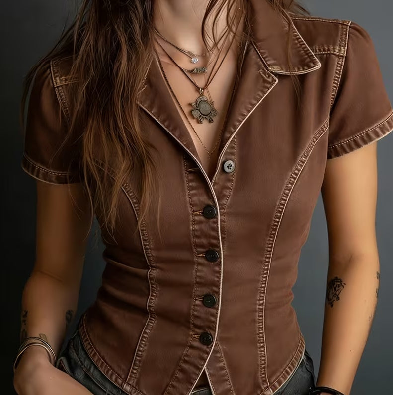 Vintage Waist-Cinched Short-Style Blazer-Collar Short-Sleeve Shirt