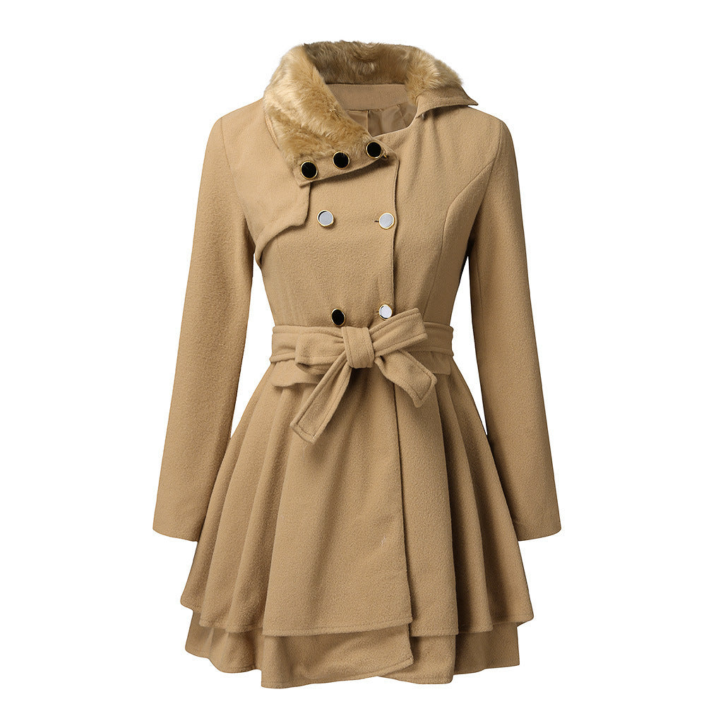 Women's Fur Collar Coat Double-breasted Trench Coat With Large Skirt