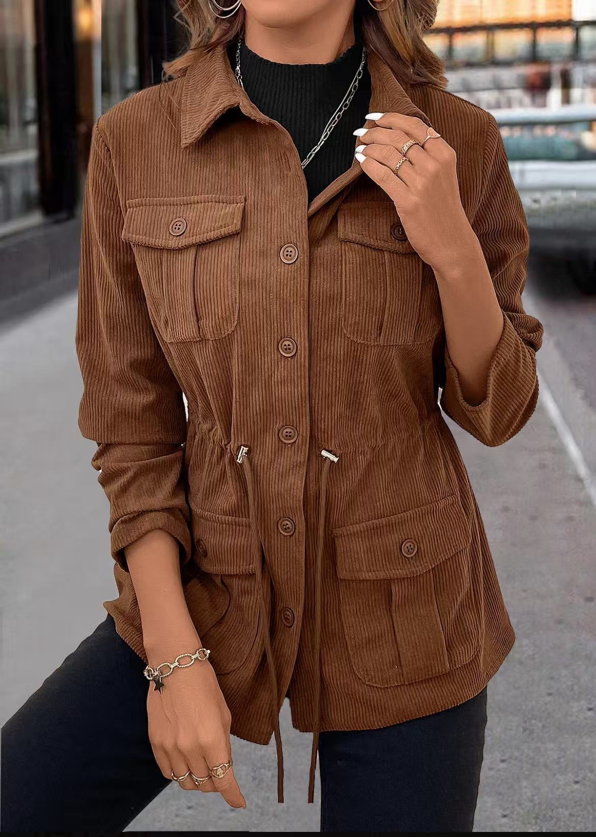 Spring And Autumn Corduroy Jacket Women's Casual Simple Solid Color Polo Collar