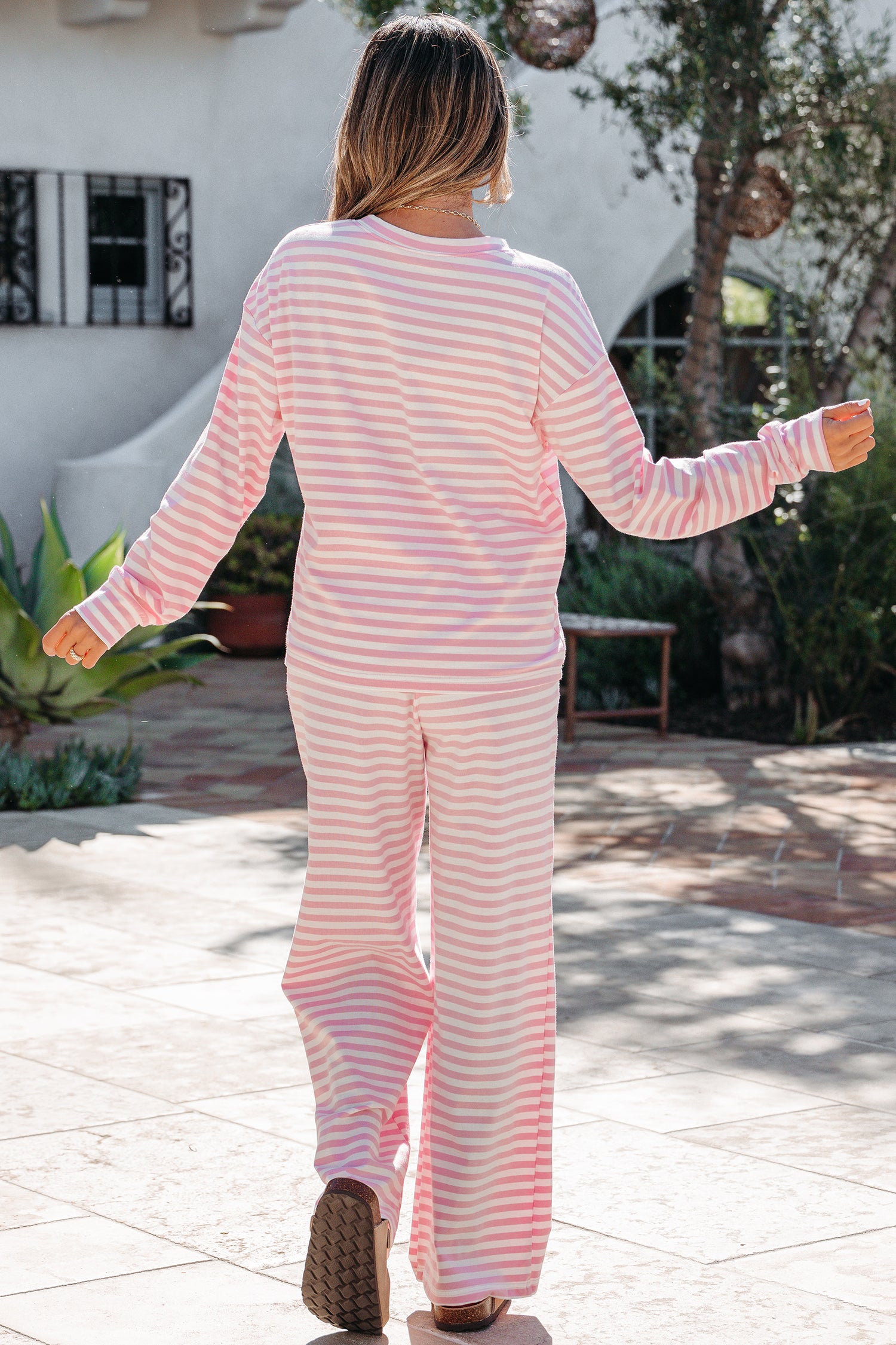 Rose Stripe Drop Shoulder Round Neck Top and Buttoned Straight Pants Two Piece Set