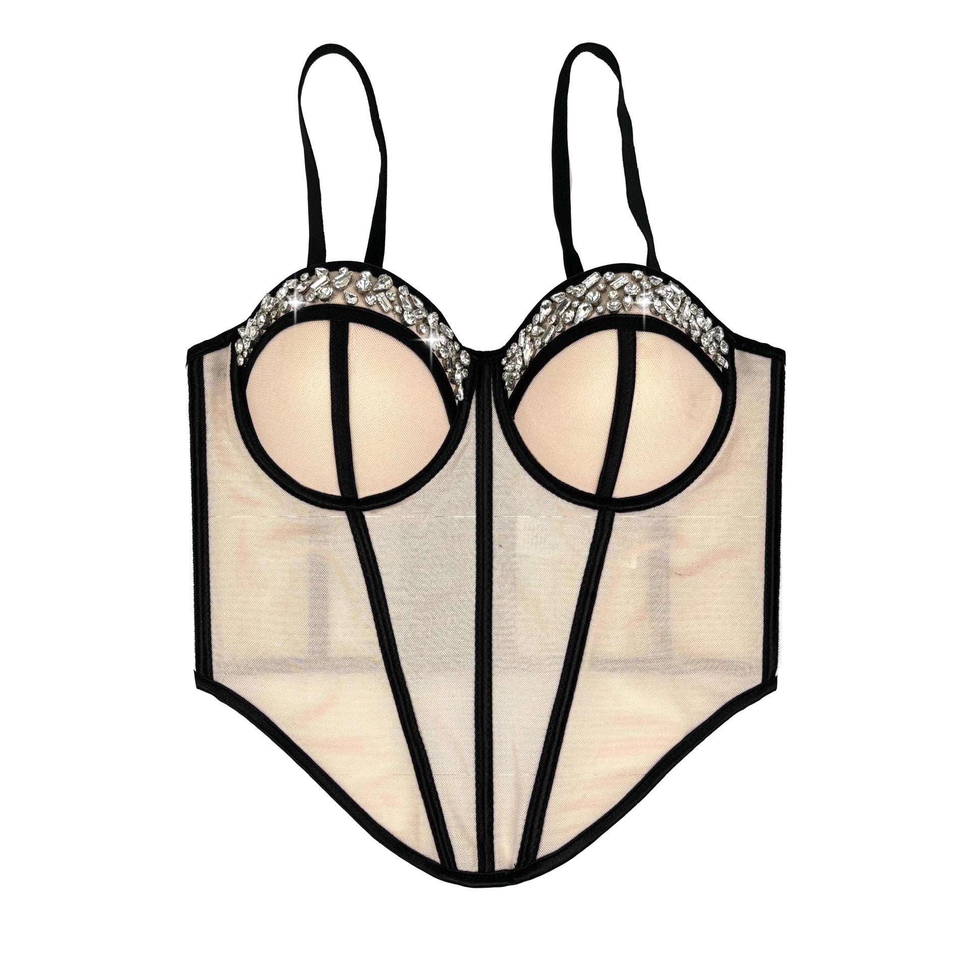 New Rhinestone Mesh Corset Fishbone Waist Sexy Backless Suspender