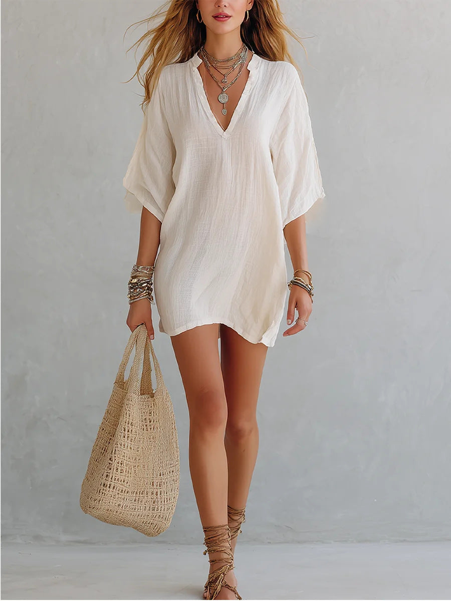 Women's Smock V-neck Loose-fit Three-quarter Sleeve T-shirt