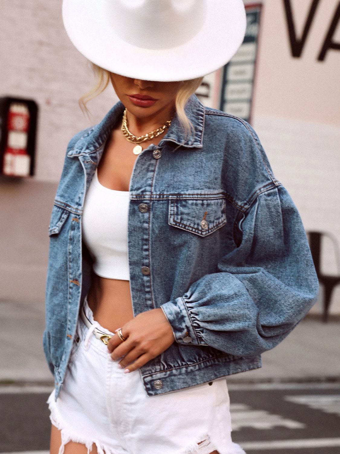 Collared Neck Dropped Shoulder Denim Top