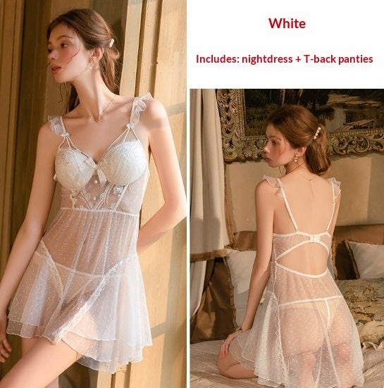 GuiRuo Lingerie Sweet Mesh Lace Polka-Dot Sheer Padded Sleep Dress Gown Womens Set