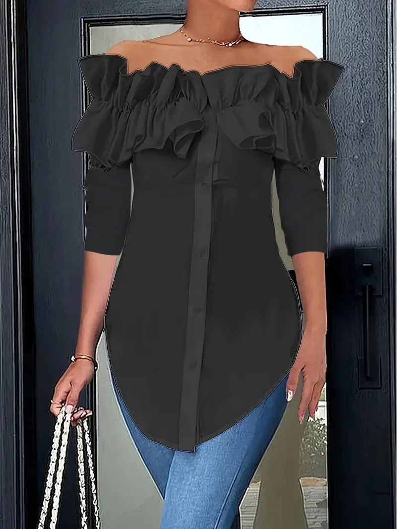 Simple Solid-Color Off-the-Shoulder Ruffle-Trim Shirt Top