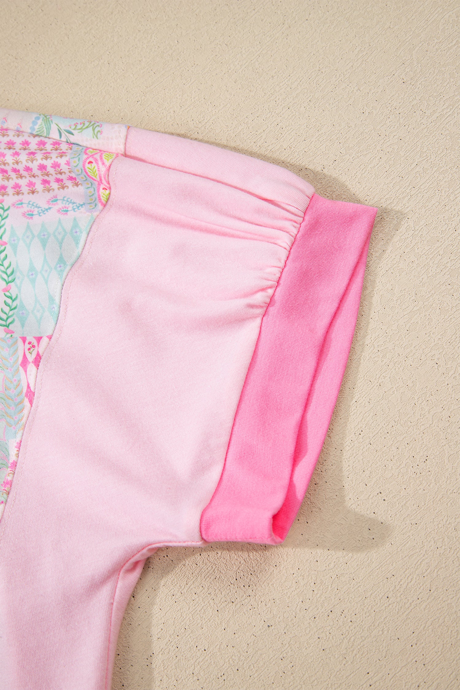 Beige Color Block Floral Patchwork Big Flower Accent Relaxed Top