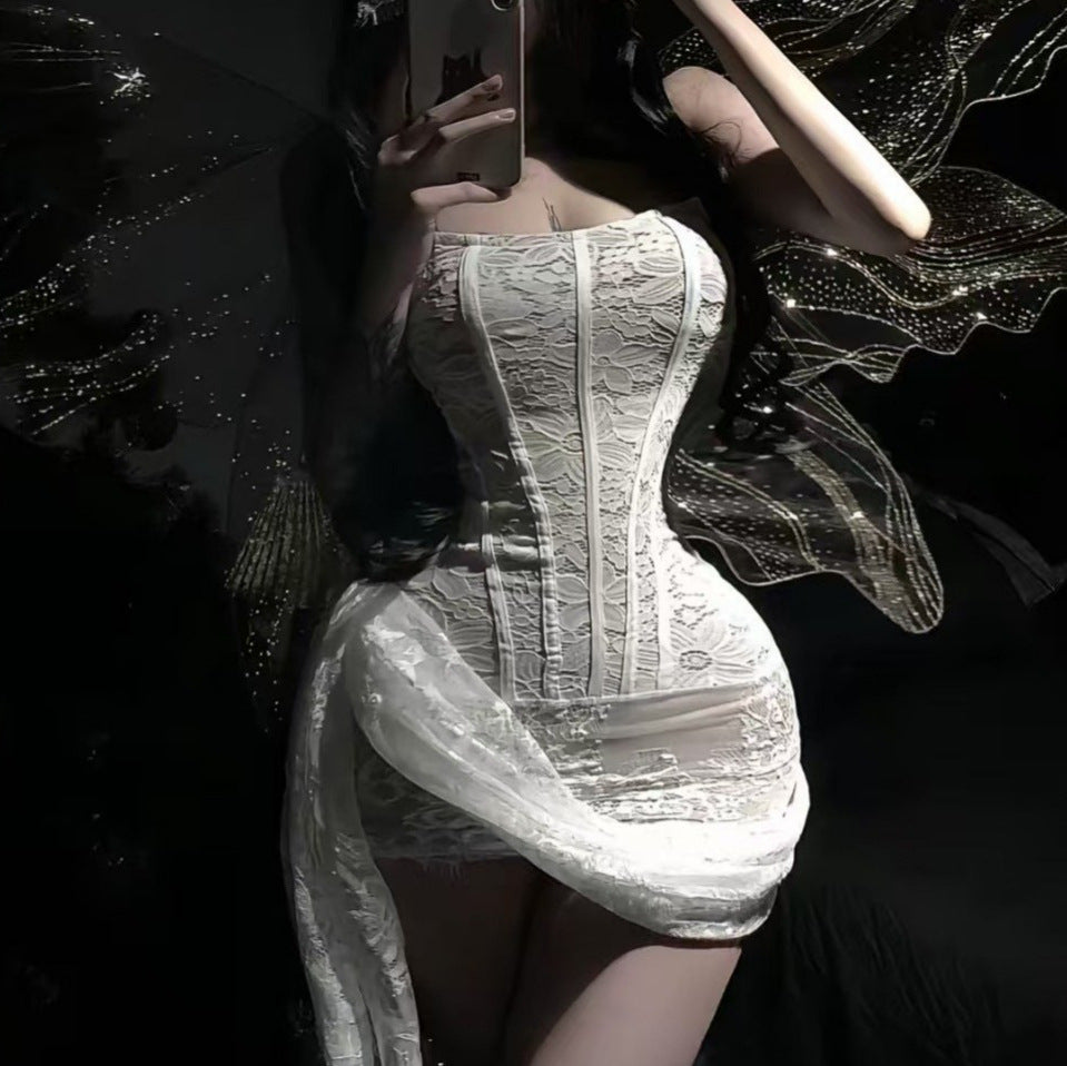 Sexy Lace Mesh Off-shoulder Tube Top Micro Transparent Slim Dress