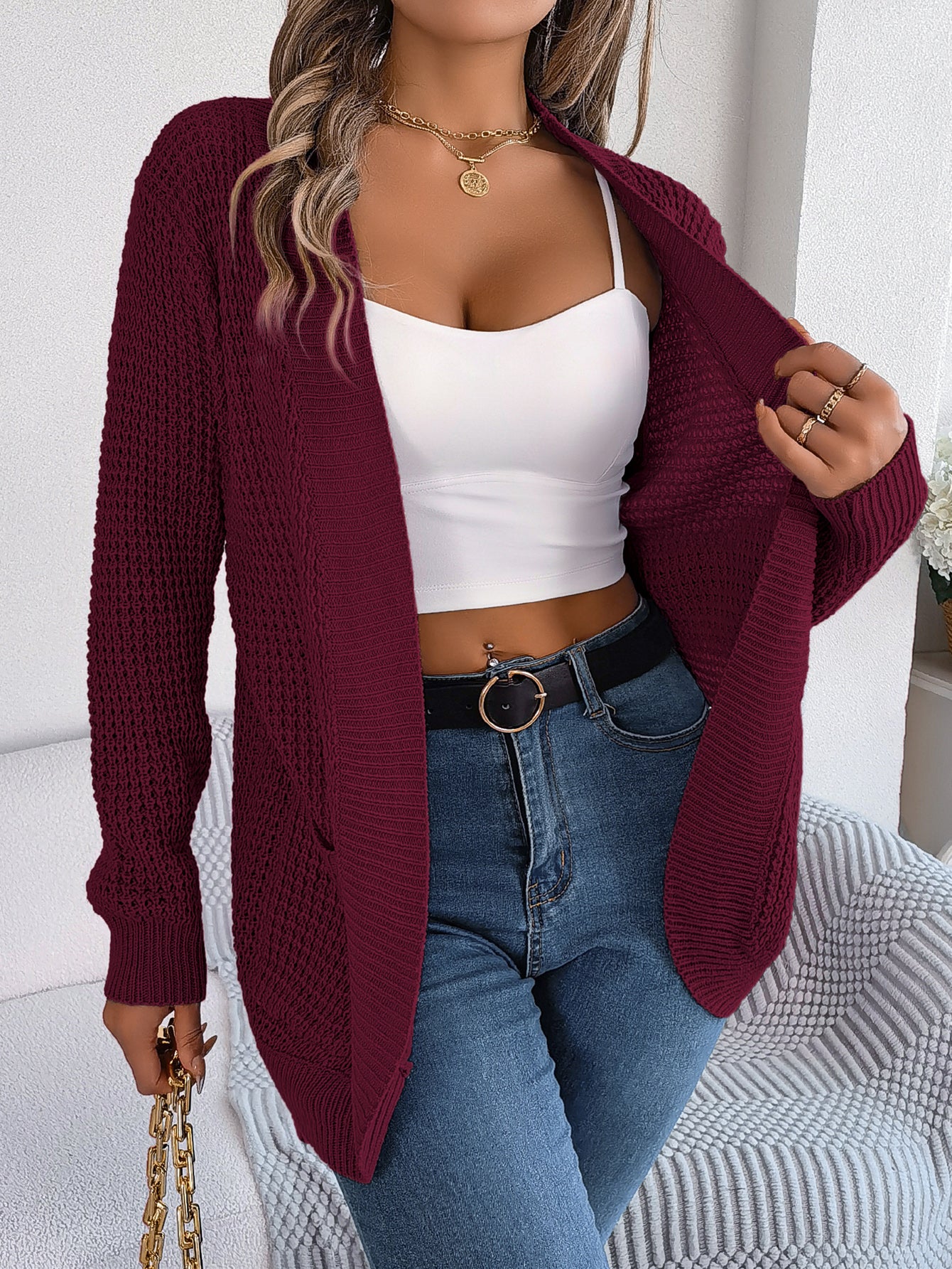 Women Casual Pocket Long Sleeve Knit Cardigan Sweater