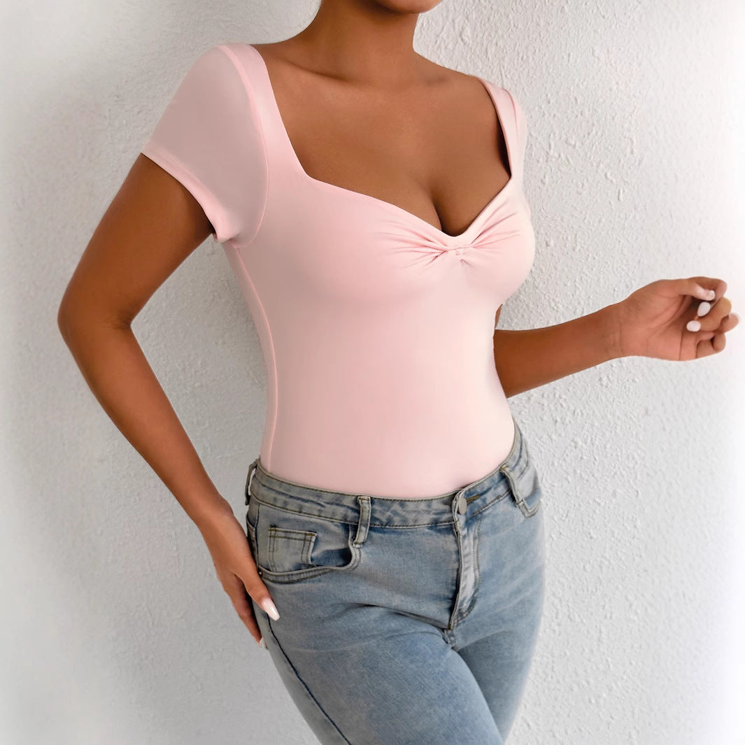 Fashion V-neck Tight Hot Girl Short-sleeved Bodysuit