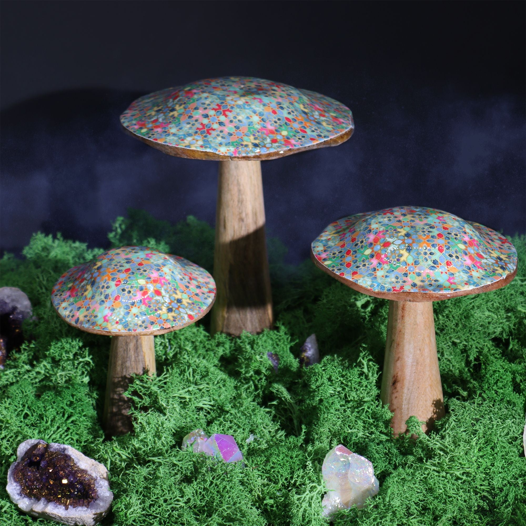 Small Wooden Mushroom - Mediterranean Tile Pattern