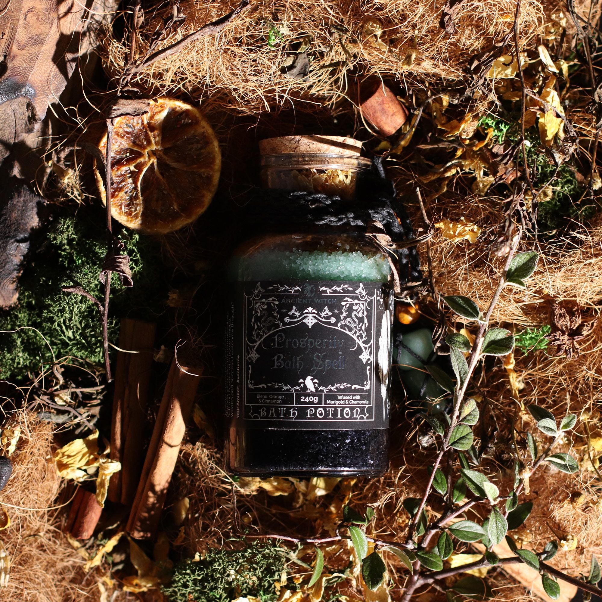 Ancient Witch Bath Spell Potion & Aventurine Crystal Amulet - Prosperity