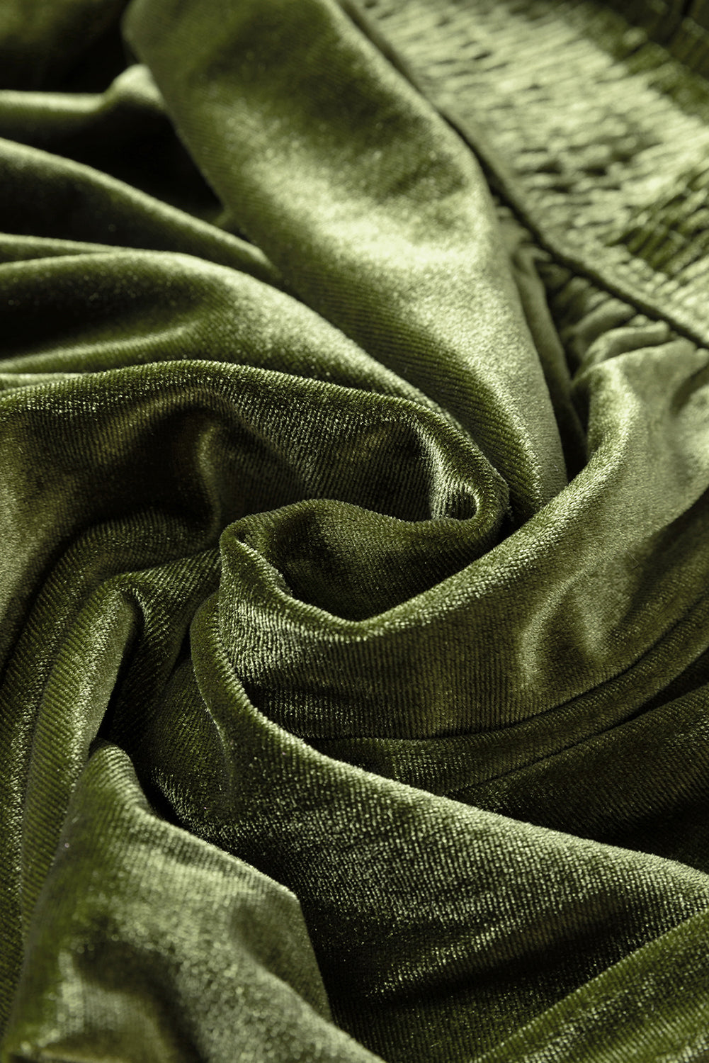 Green Smocked Lantern Sleeve Frilled Velvet Dress