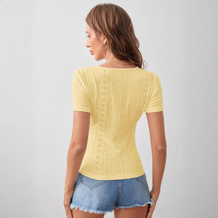 Fashionable Knitted Hollow Button Deep V-neck Waist-controlled Slimming T-shirt