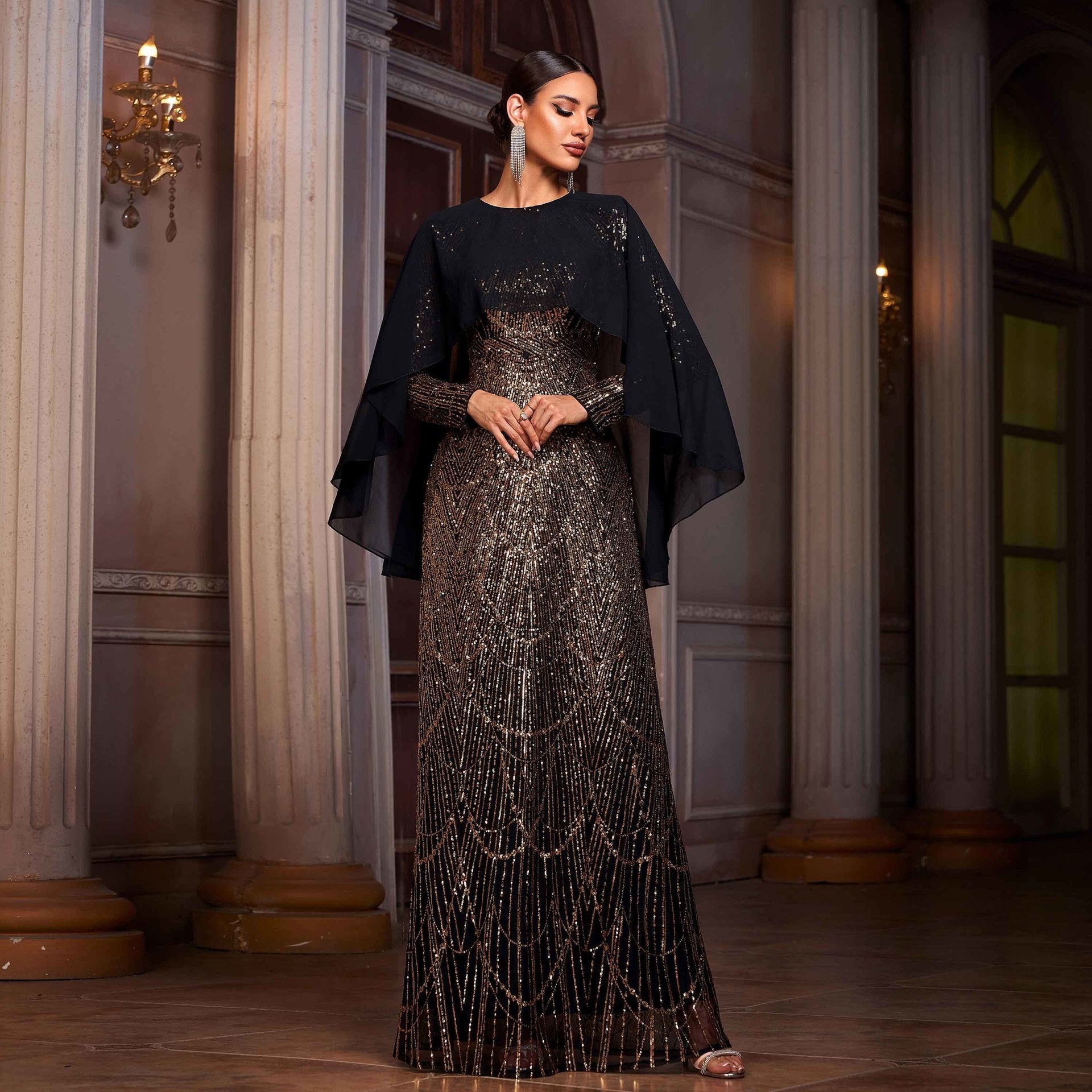 Elegant Long Sleeve Round Neck Shawl Banquet Sequined A- Line Evening Dress