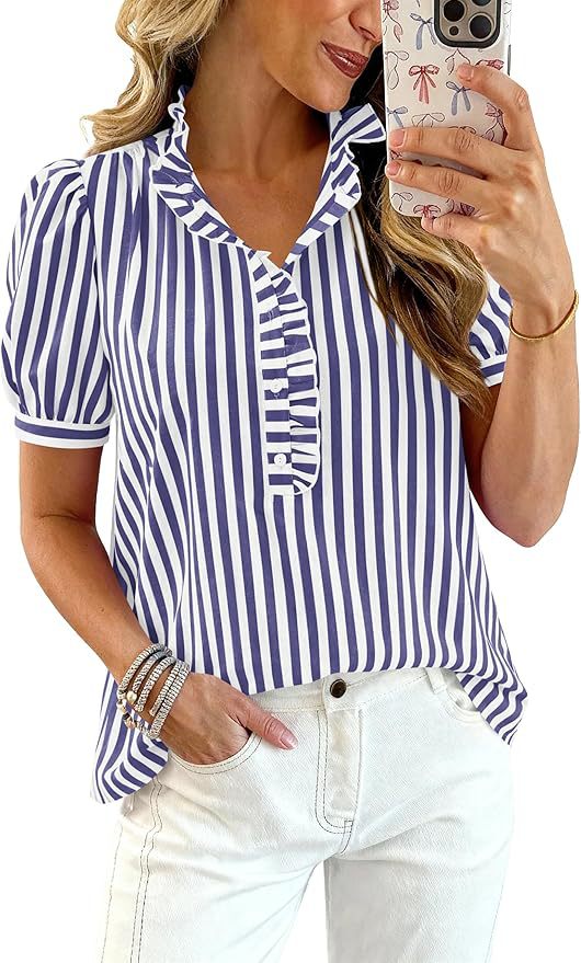 Puff-sleeve Striped Plaid Ruffled V-neck Button-up Top