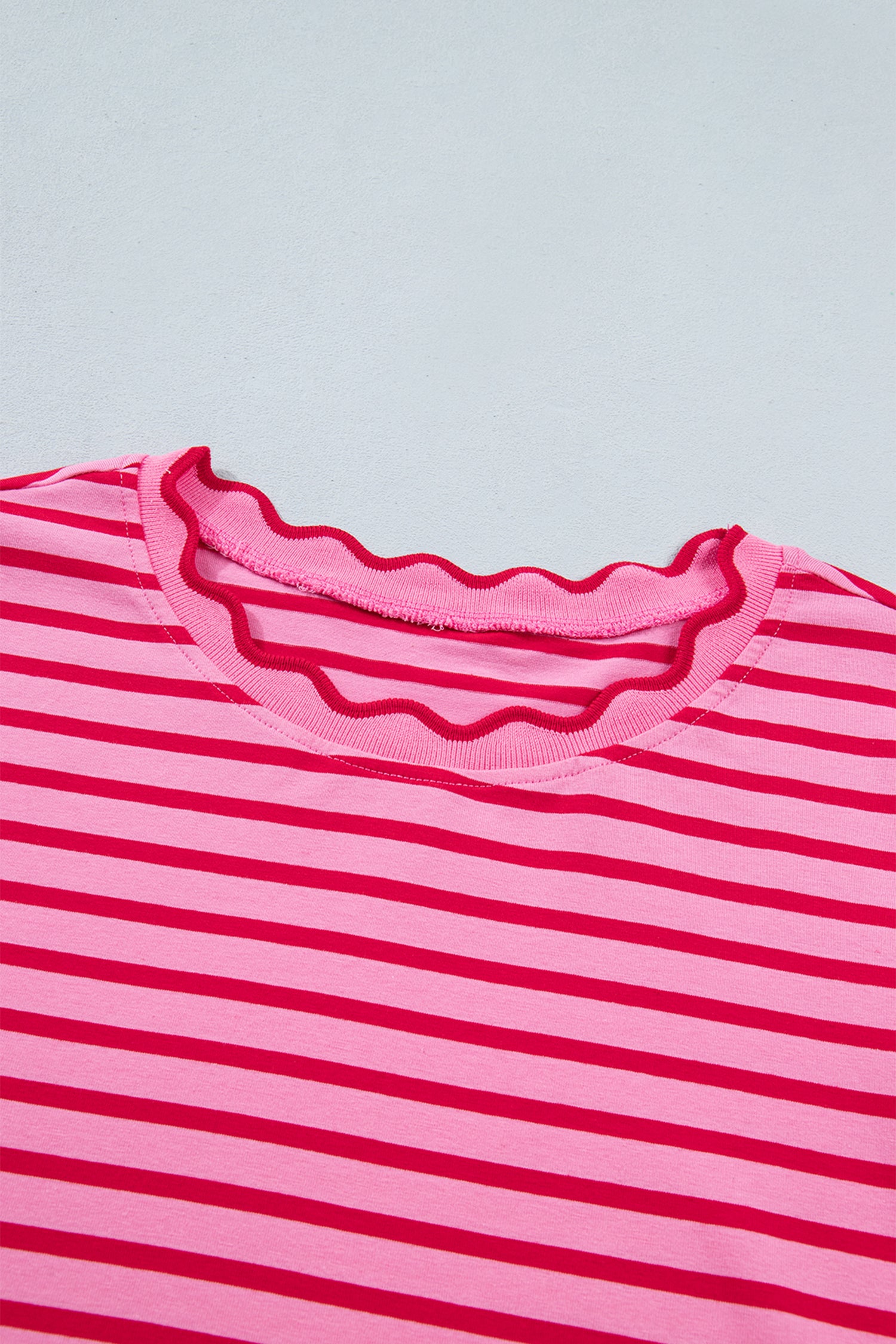 Red Stripe Scalloped Trim Round Neck T Shirt