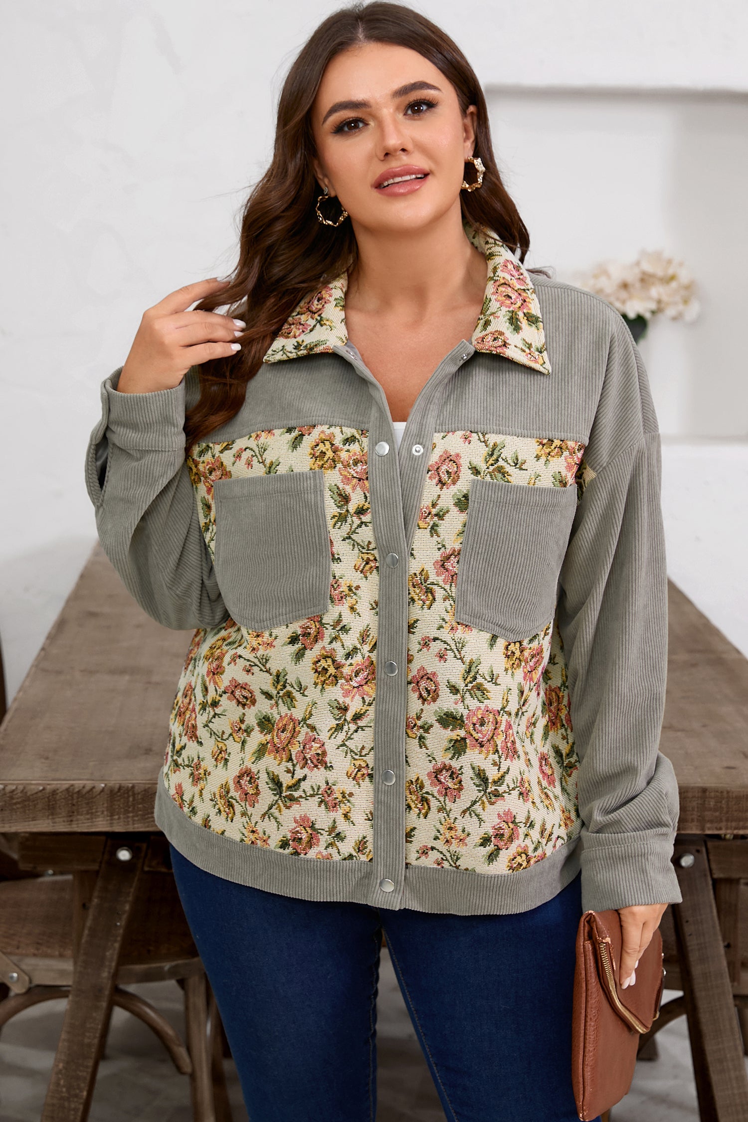 Medium Grey Corduroy Floral Patchwork Vintage Jacket