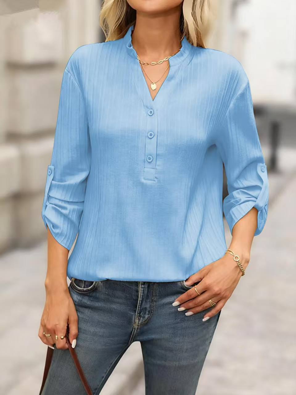 V-neck Partially Open-buttoned Shirt Fashionable And Versatile Top