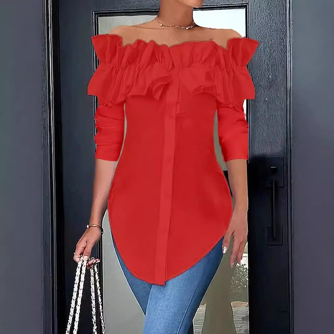 Simple Solid-Color Off-the-Shoulder Ruffle-Trim Shirt Top