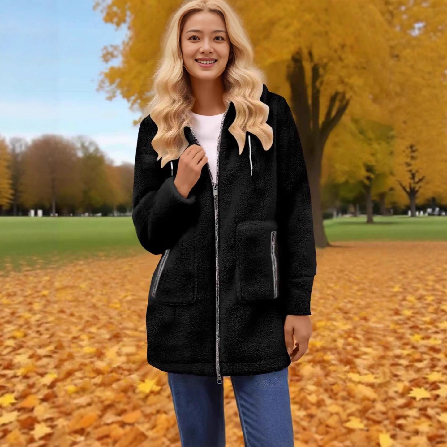 Fashion Autumn And Winter Zipper Pocket Lamb Wool Coat