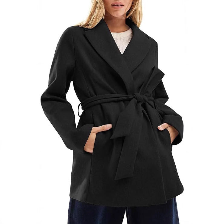 Women's Fashion Belt Notched Lapel Pea Coat