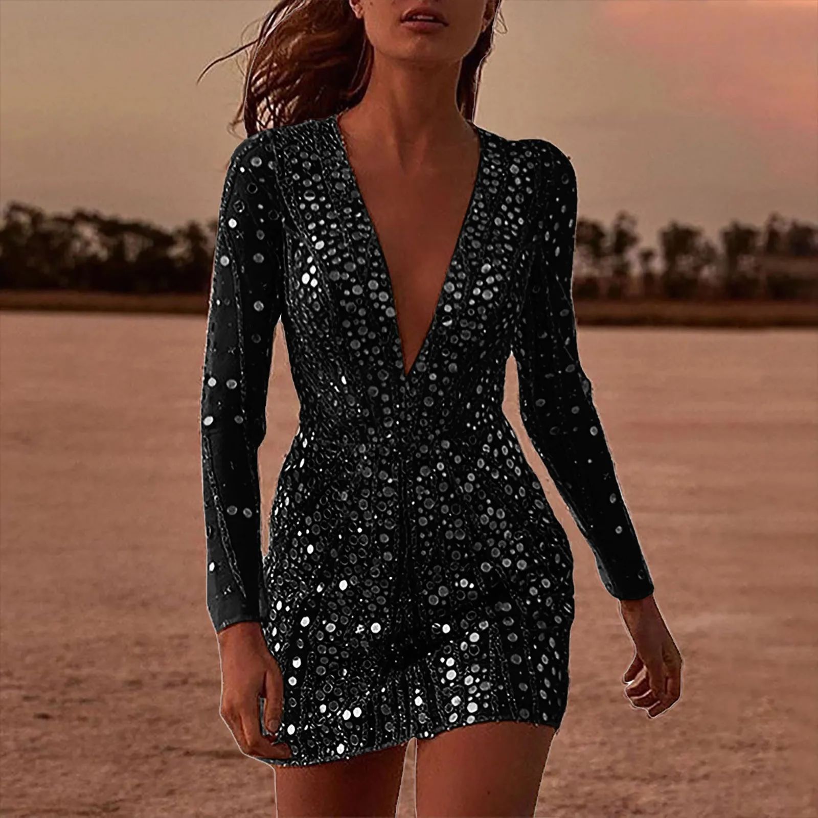 Deep V Sheer Gold Embellished Bodycon Dress With Long Sleeves