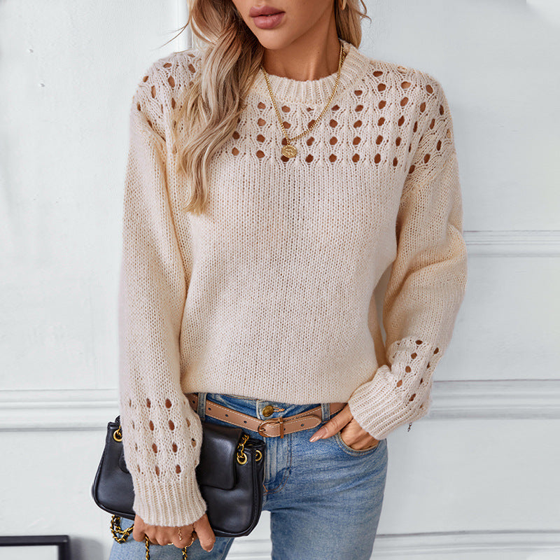 Women's Hollow Pullover Solid Color Round Neck Sweater