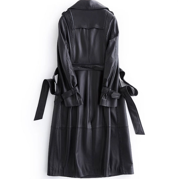 Black Long Tie Double Breasted Leather Wind Coat