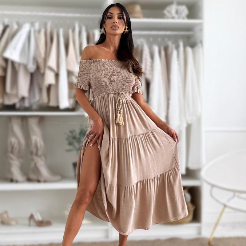 New Solid-color Short-sleeve Waist-cinching Tie-front Patchwork Dress