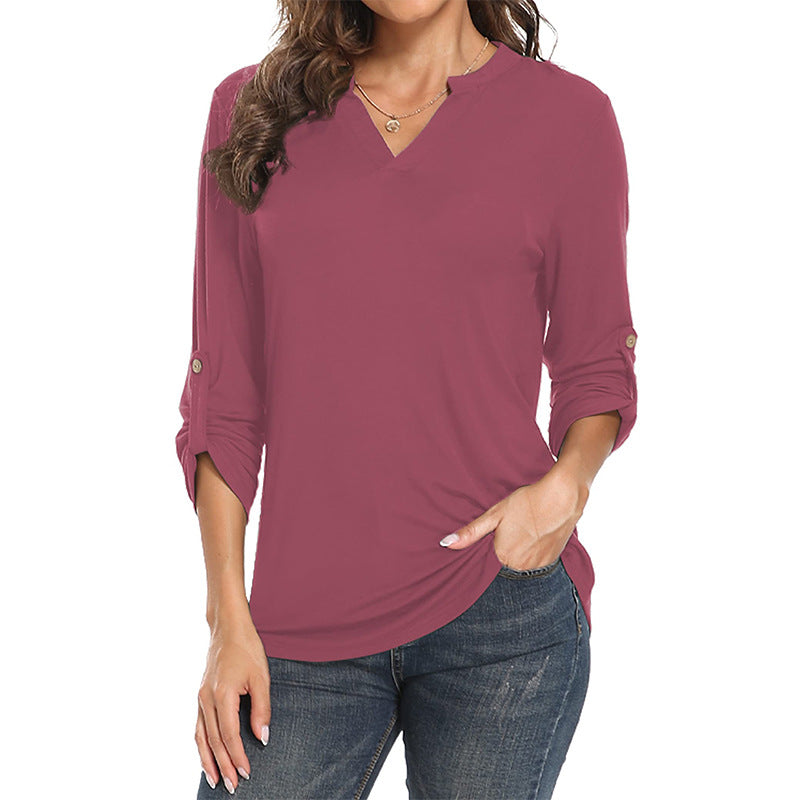 V-neck Shirt Three-quarter-length Rolled Sleeves Fitted Waist Top T-shirt