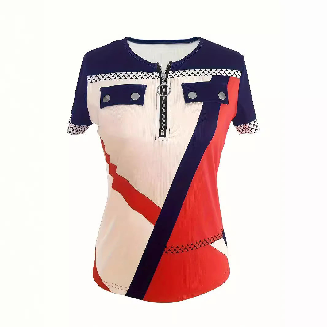 Womens Fashionable Printed Slim-Fit Zip-Up T-Shirt