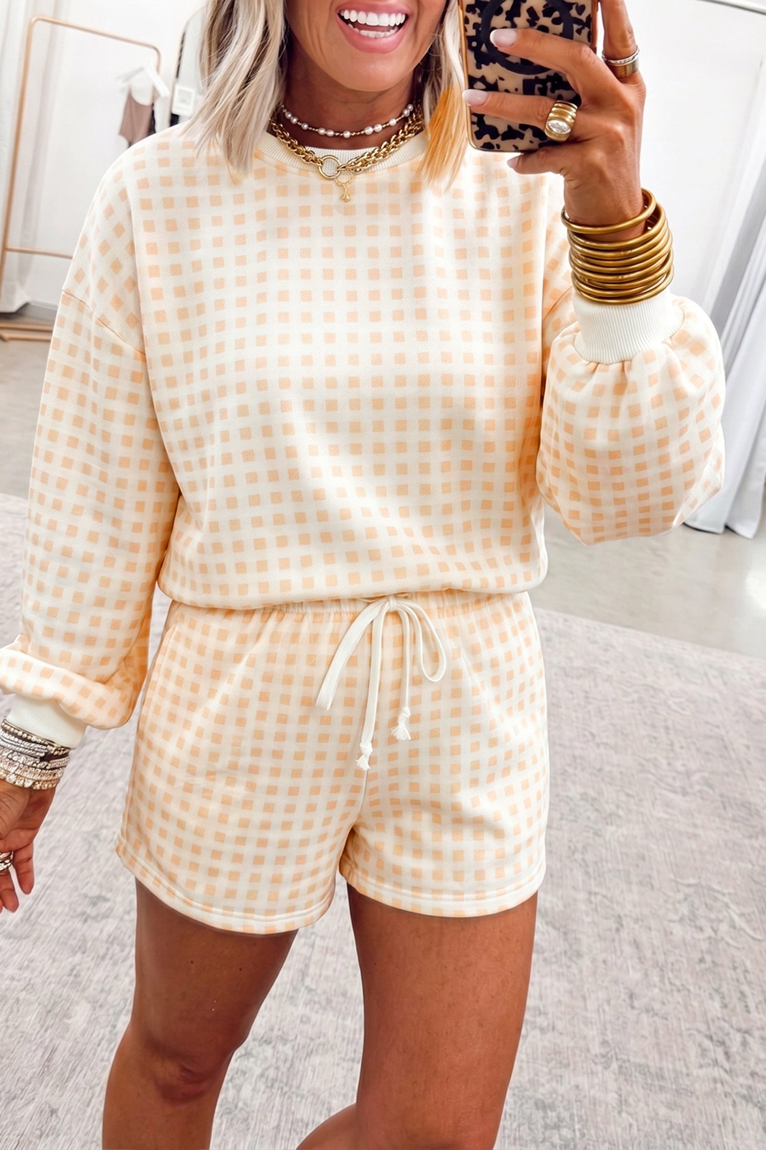 Yellow Plaid Baggy Pullover Drawstring Casual Shorts 2pcs Outfit