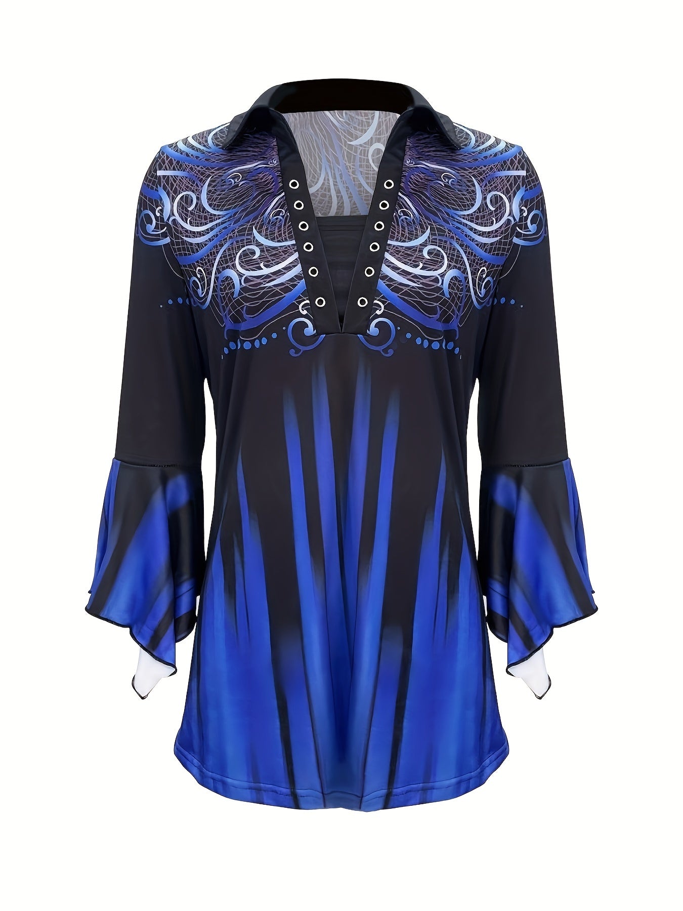 Spring And Autumn New Printed Lapel Blue Three-quarter Sleeve T-shirt Irregular Cuff Button Top