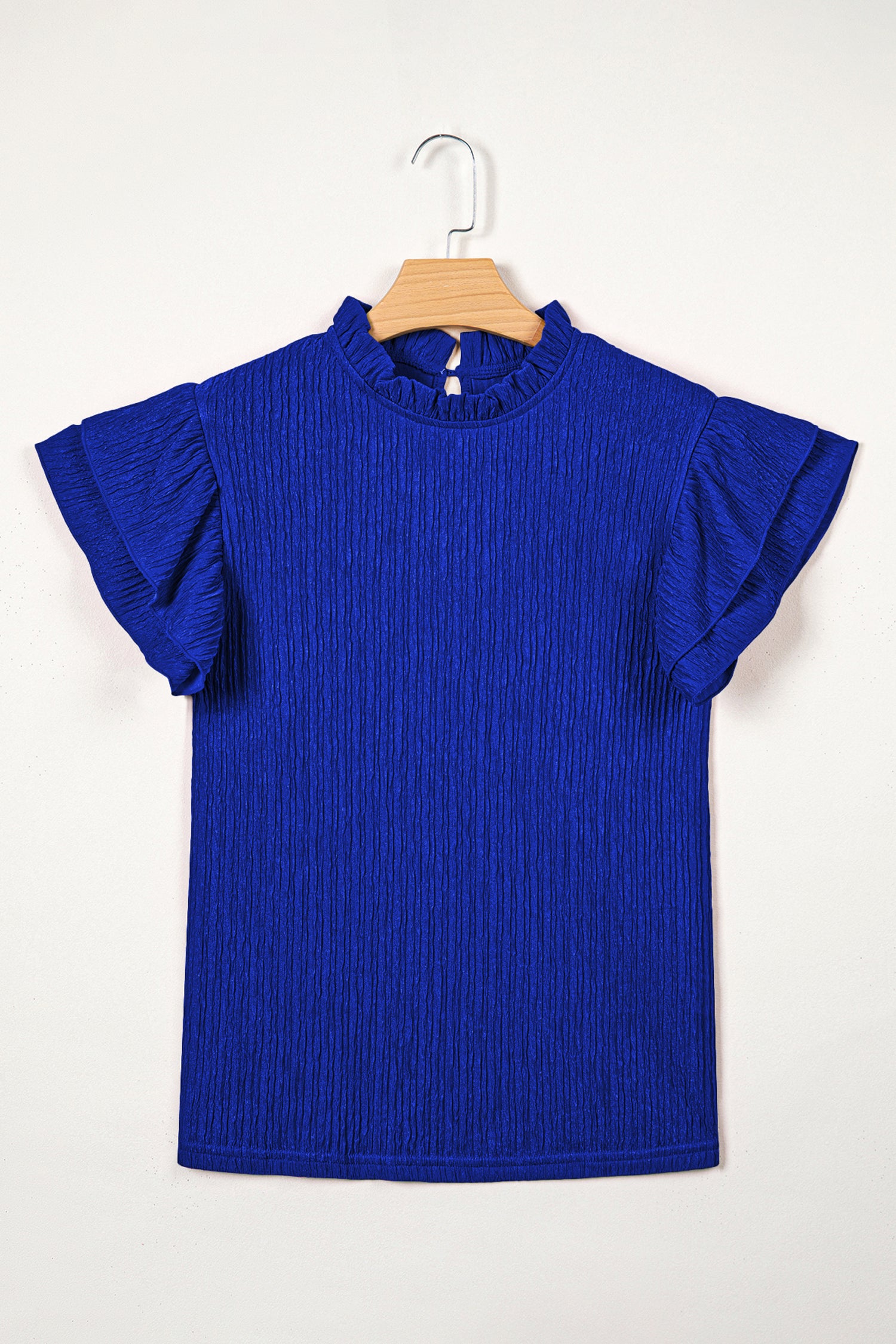 Black Solid Color Textured Ruffle Trim Short Sleeve Blouse
