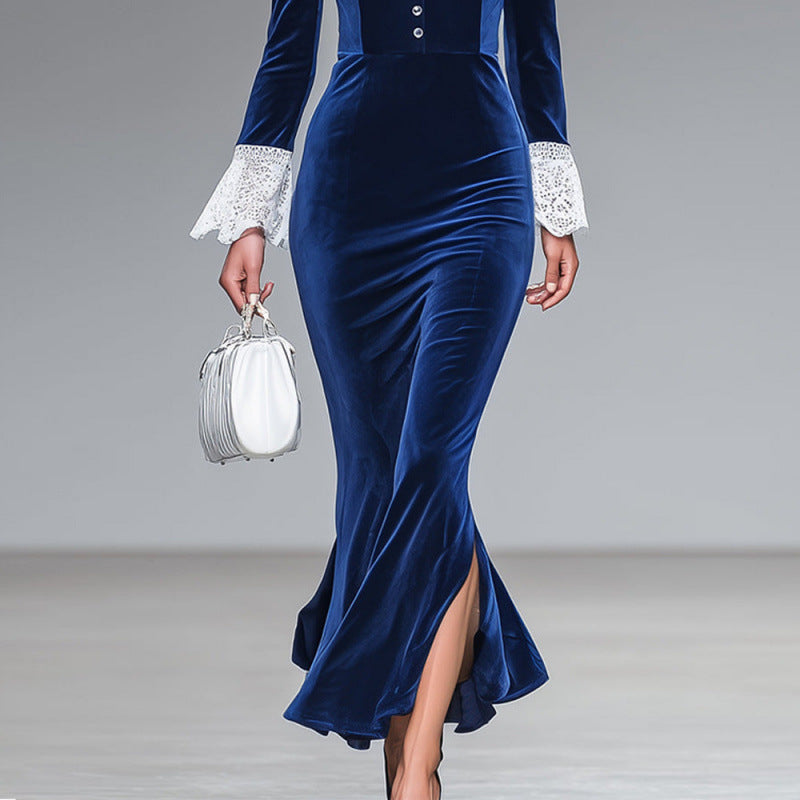 V-neck Long-sleeve Womens Elegant Slim-fit Dress With A Mermaid Skirt