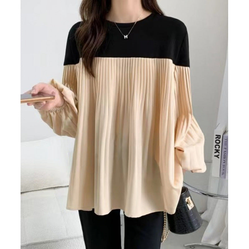 Elastic Lantern Sleeve Round Neck Contrast Color Pleated Long Sleeve Sweater