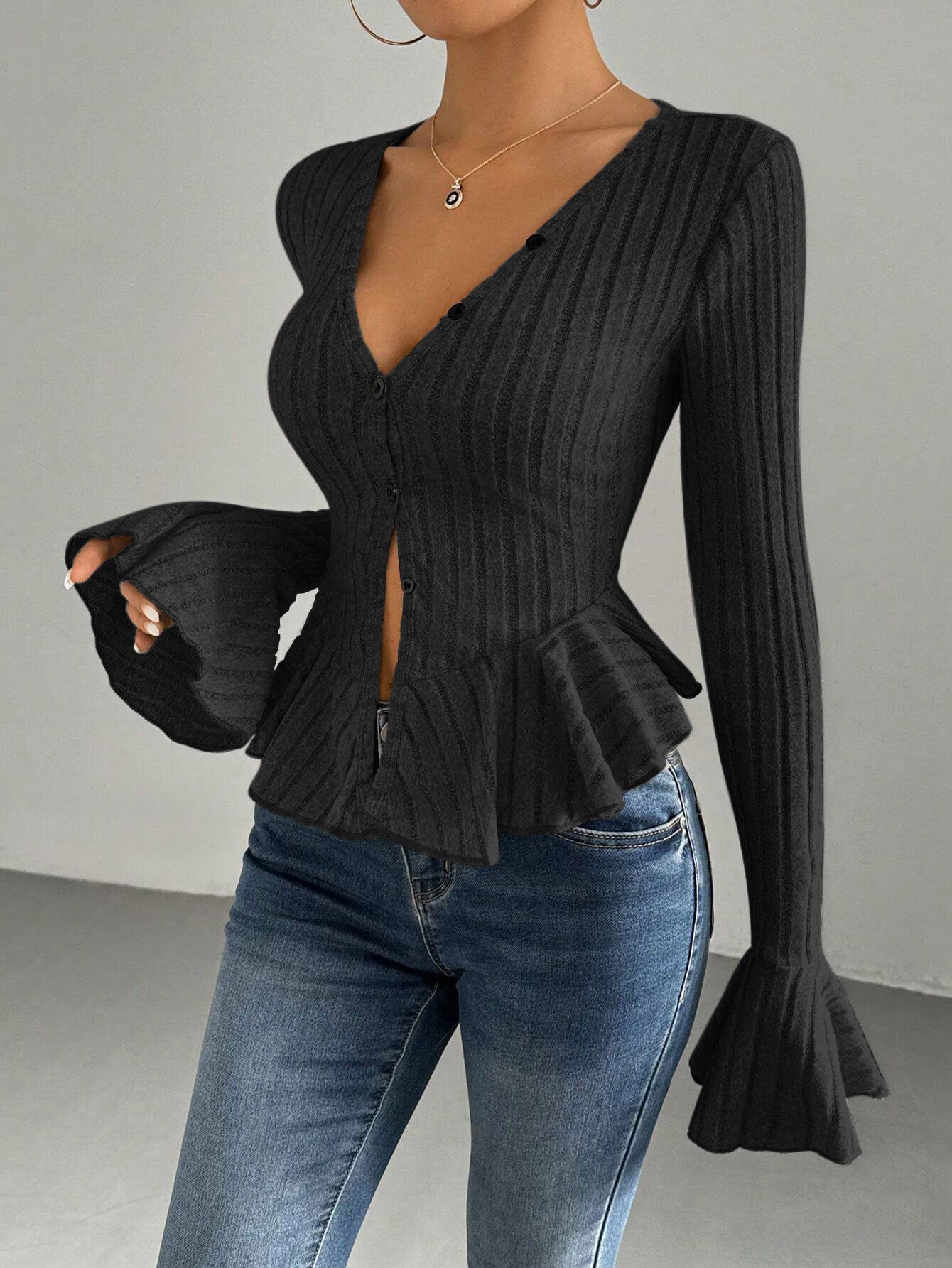 European And American Elegant Style Autumn And Winter New V-neck Ruffled Slim Temperament Top