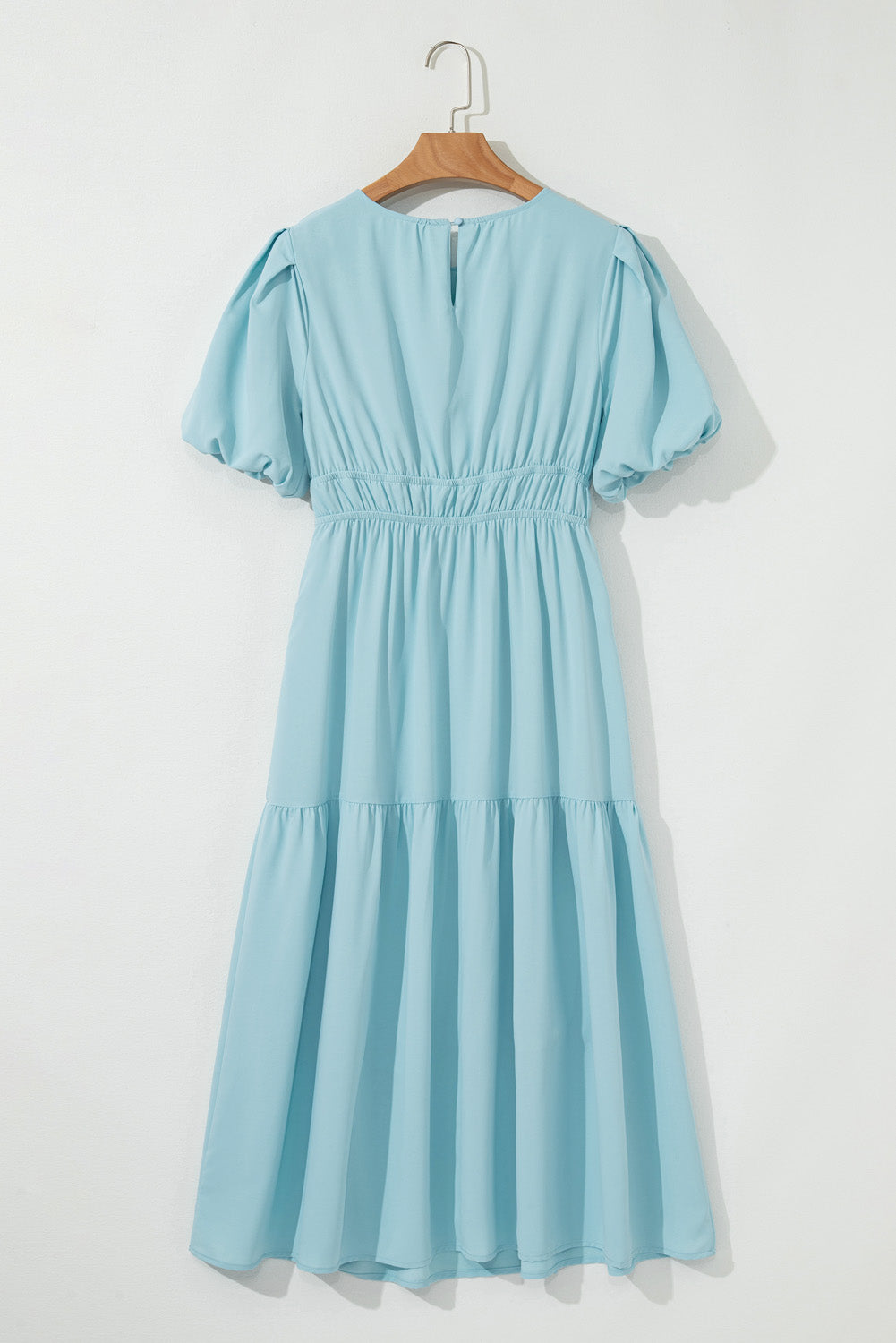 Light Blue Puff Sleeve High Waist Flowy Midi Dress
