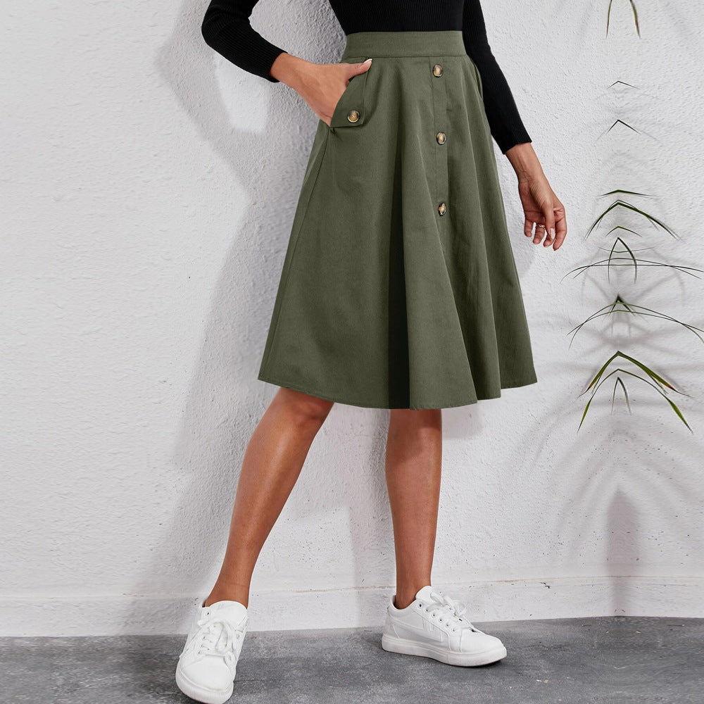 Women's Pocket Button Waist Elegant Midi Skirt