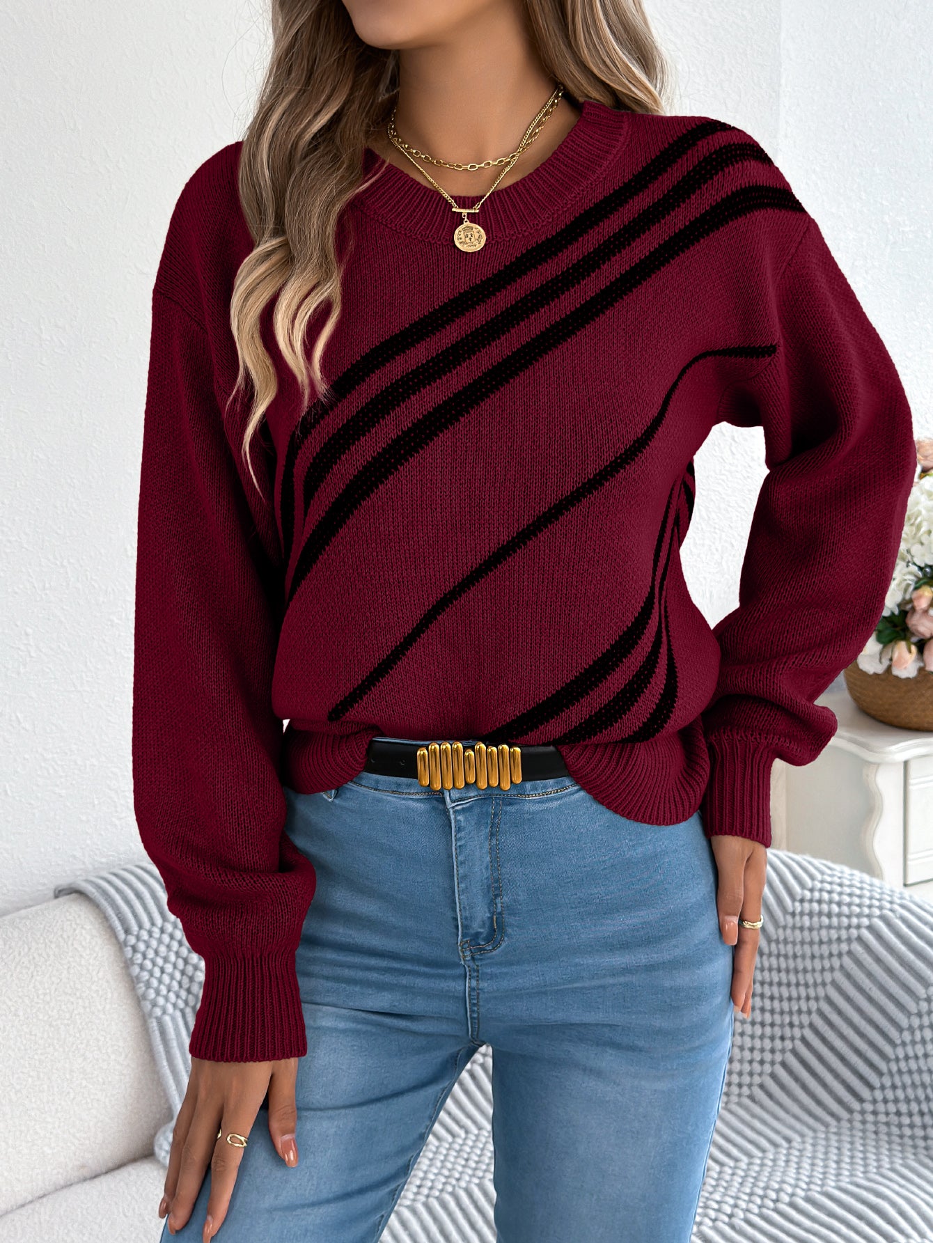 Women Casual Striped Round Neck Lantern Sleeve Long Sleeve Pullover Sweater
