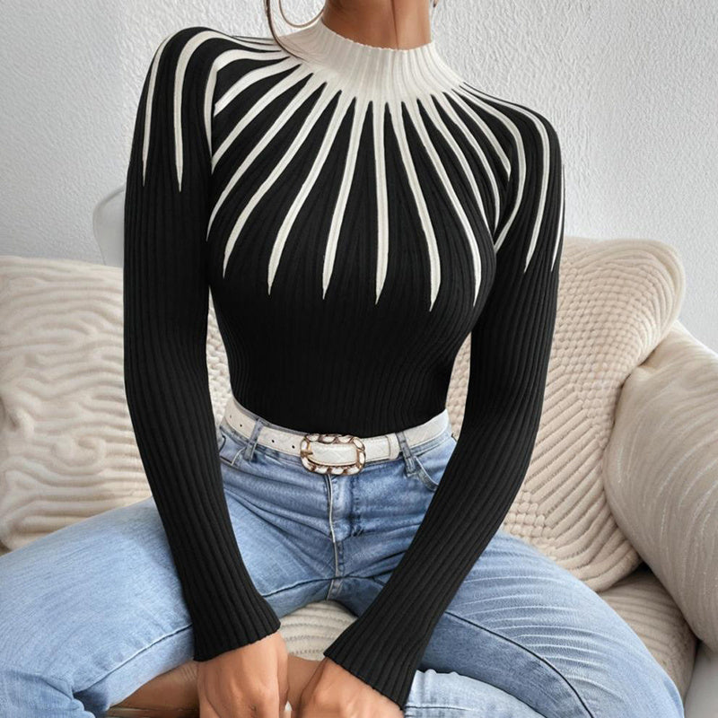 Women's Slim Fit Mock Neck Sweater, Ribbed Striped Long Sleeve Knit For Fall Winter 2025