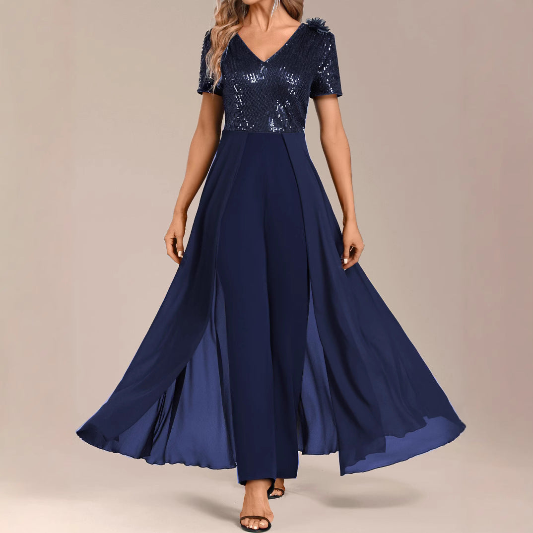 Solid Color Temperament Chiffon Sequin Splicing Women's Jumpsuit