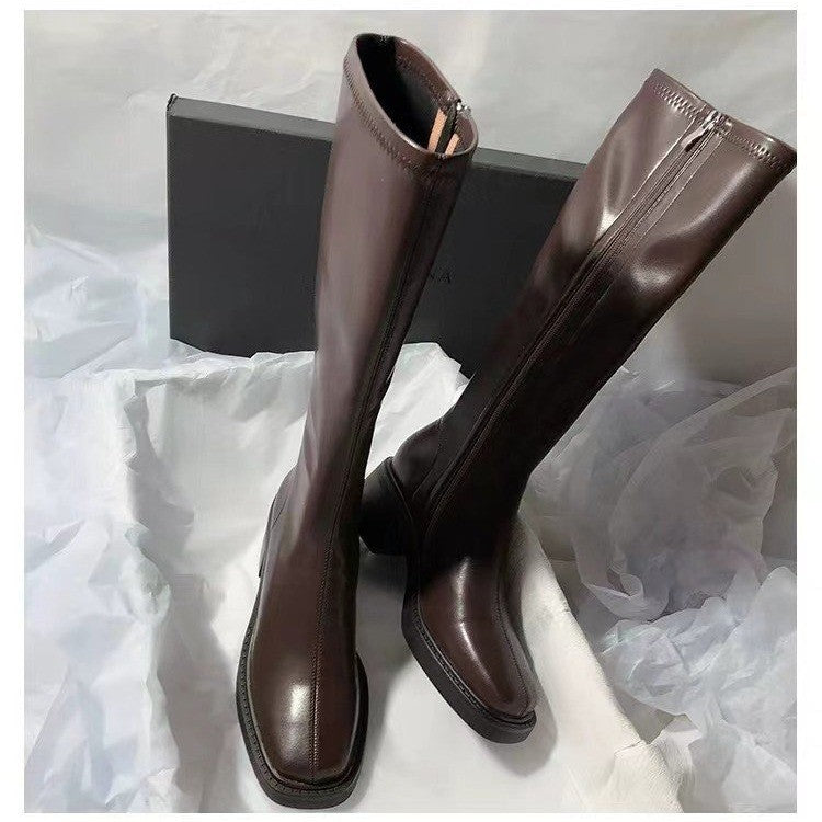 Chunky-Heeled Fashionable Square-Toe Over-the-Knee Boots