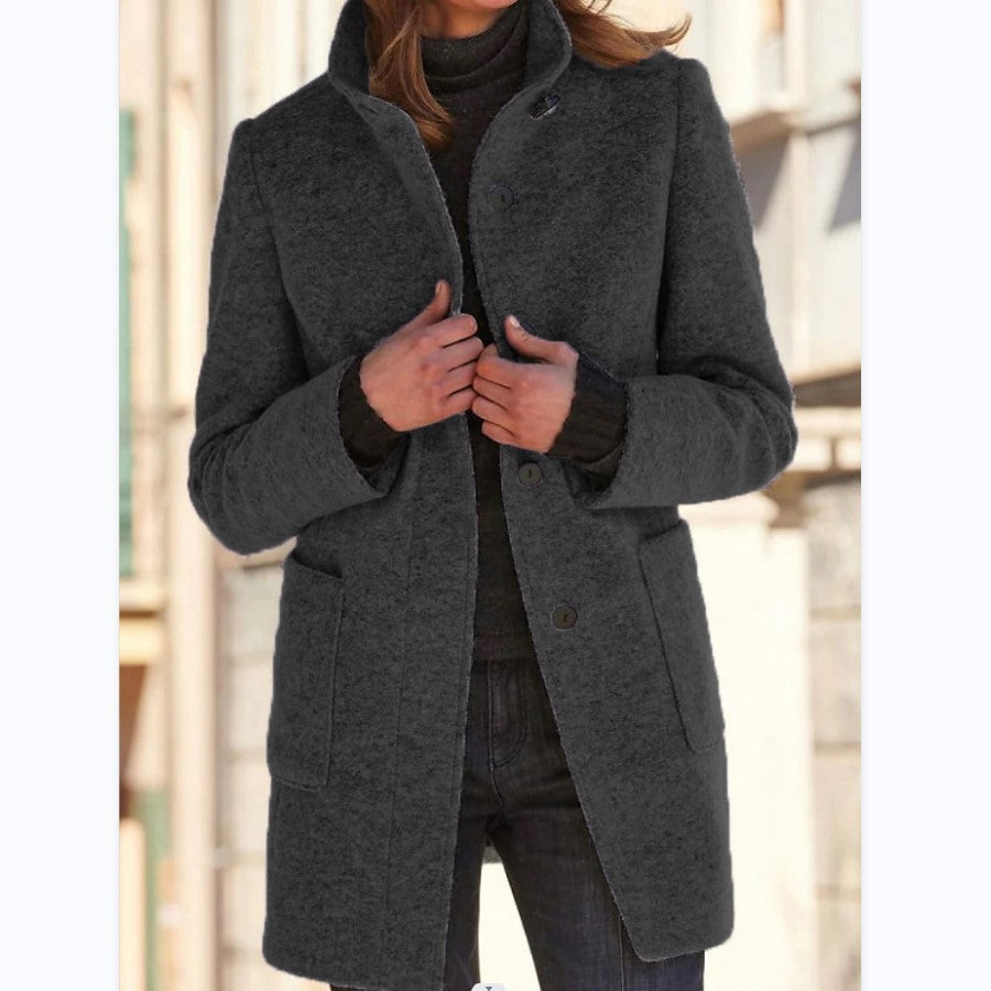 Stand Collar Woolen Coat With Pockets Fall Casual Button Outwear