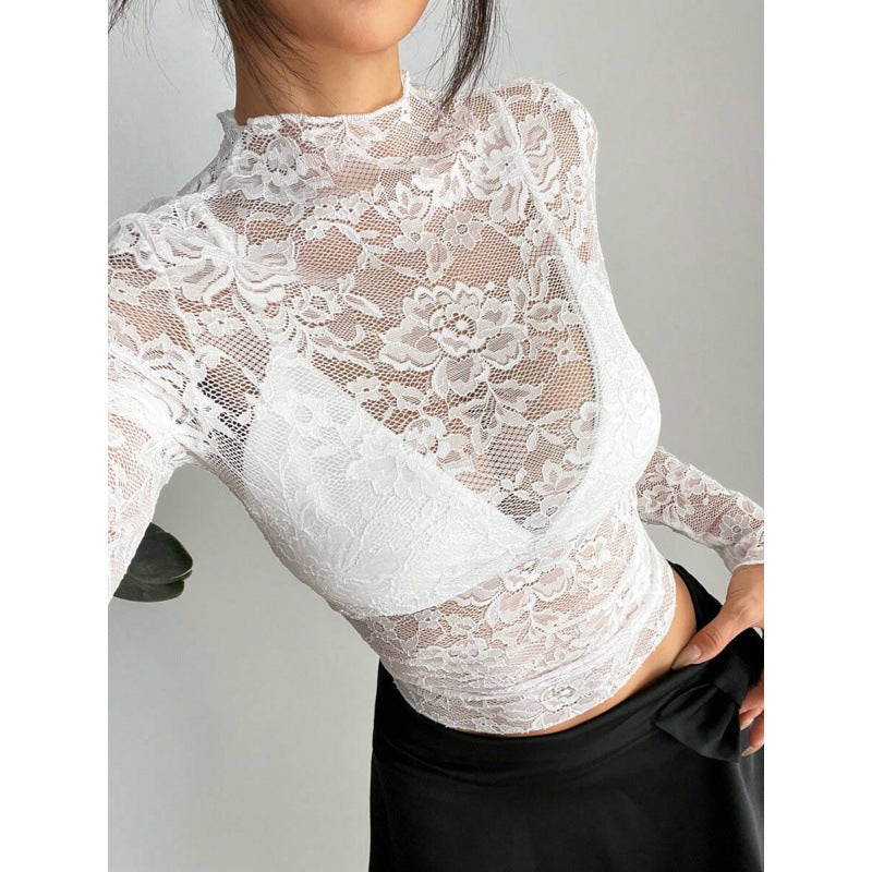 Women's Lace Elastic Peony Print Sheer Sexy Top