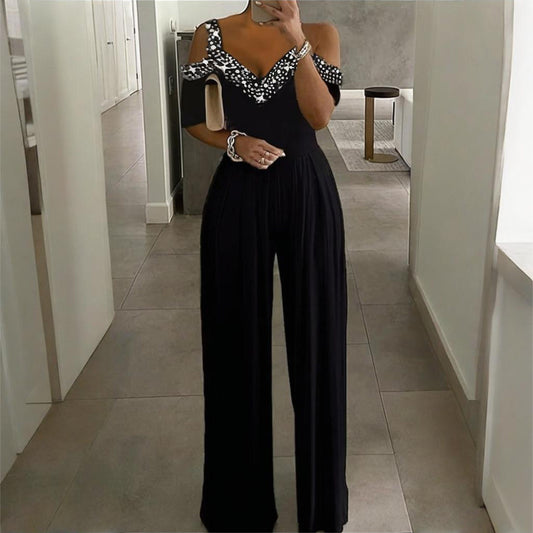 Plus Size Women's Solid Color V-Neck Jumpsuit With Rhinestone Detail - Wide Leg Romper For Spring&Summer