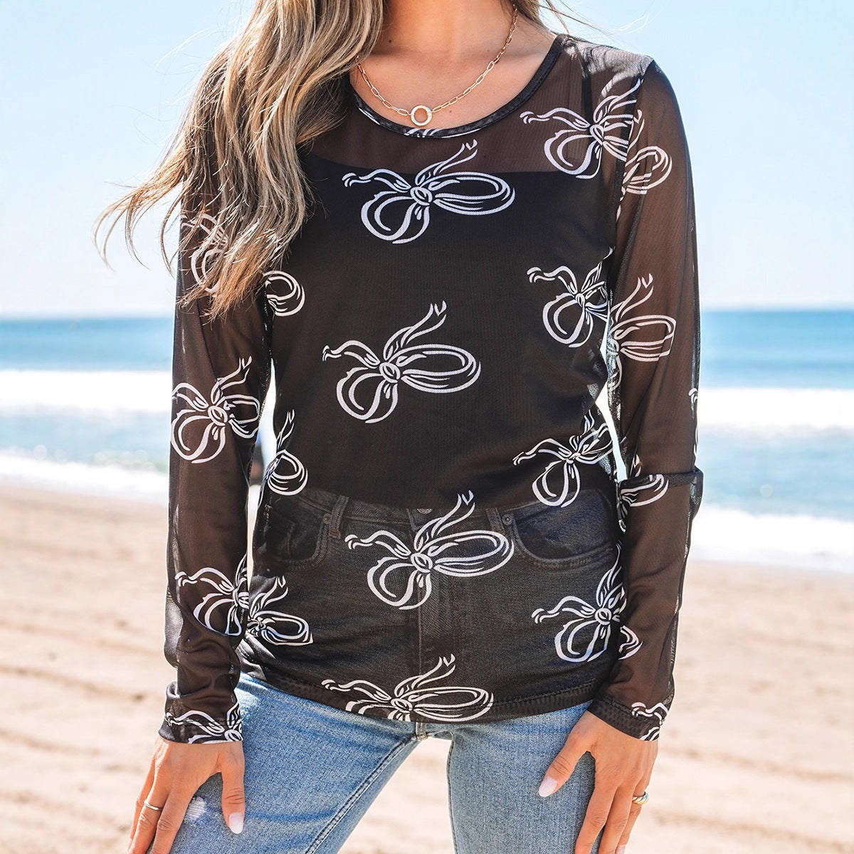 Women's Bow Round Neck Slim Mesh See-Through T-Shirt