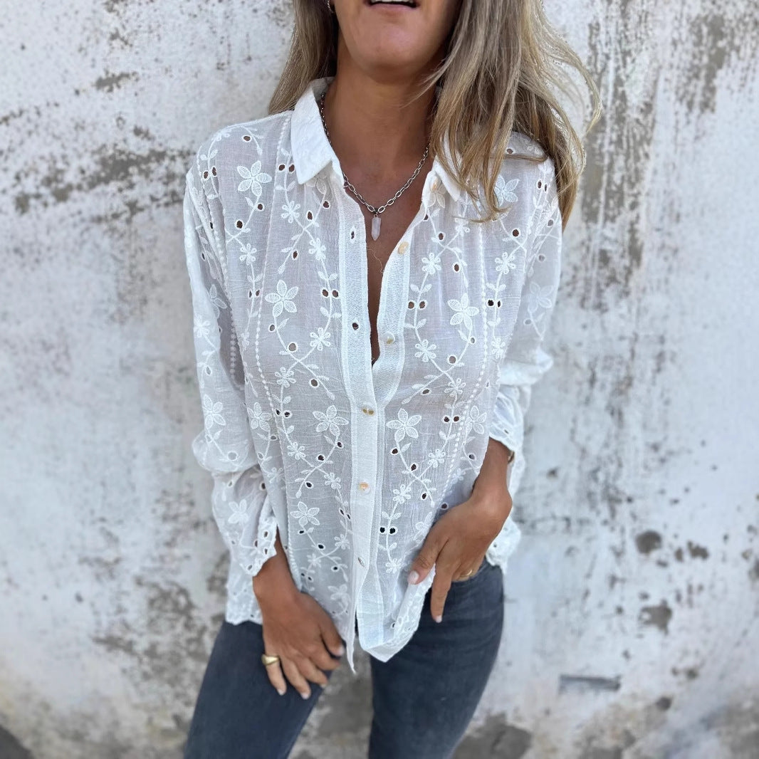Sweet And Elegant Embroidered Hollow-Out Cotton-Linen Shirt Casual Top
