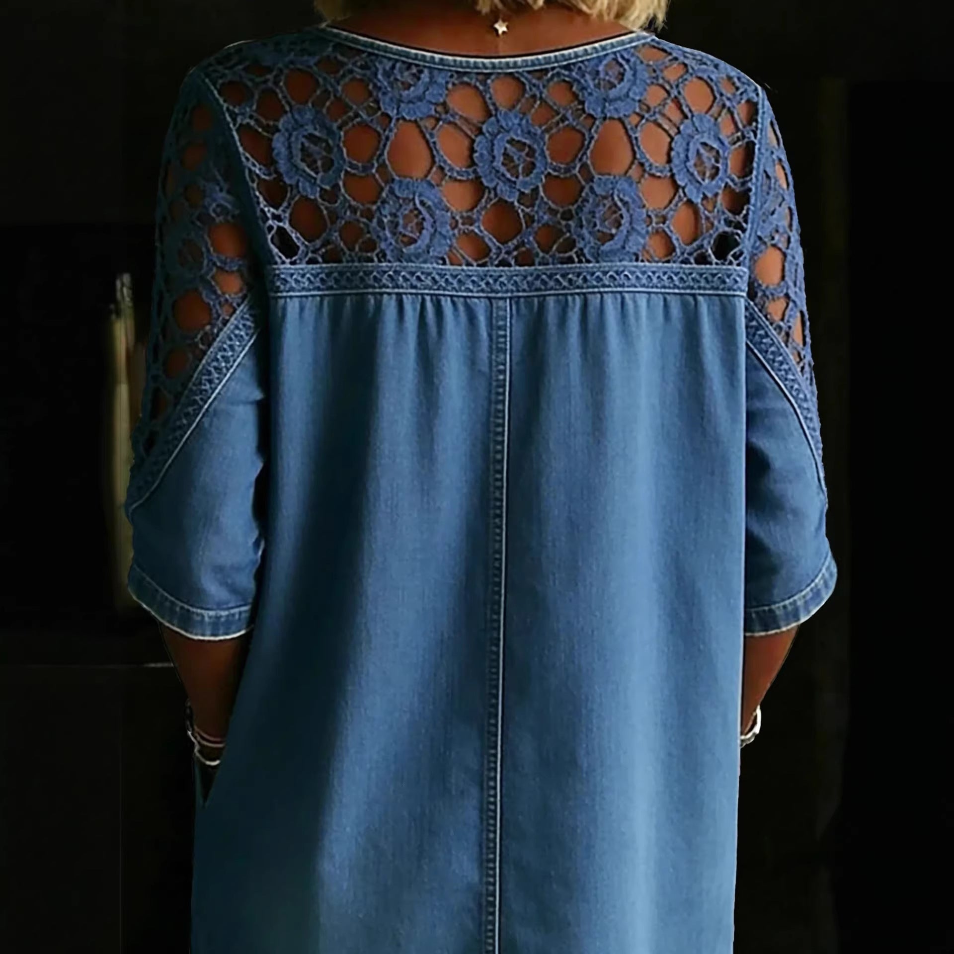 Loose-fitting Hollow-out Lace Womens Denim Shirt