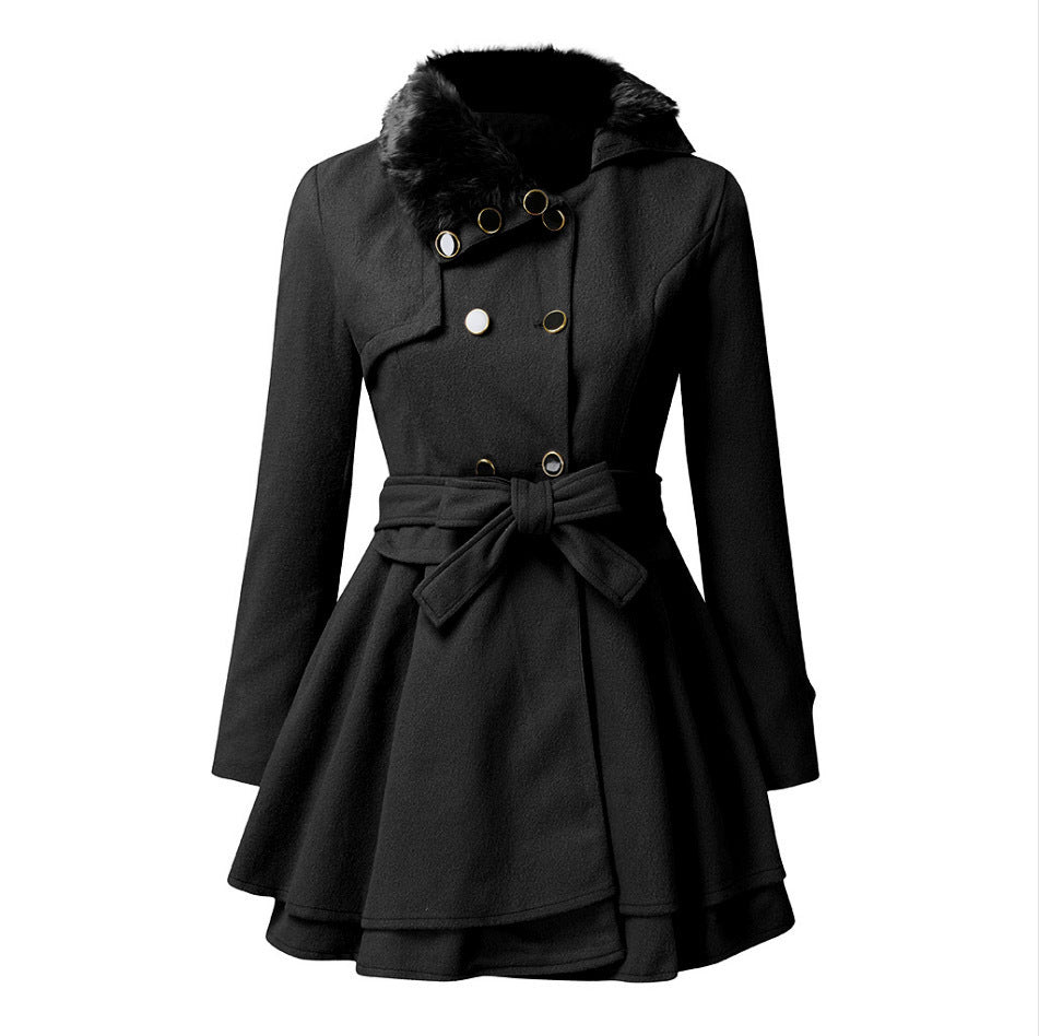Women's Fur Collar Coat Double-breasted Trench Coat With Large Skirt